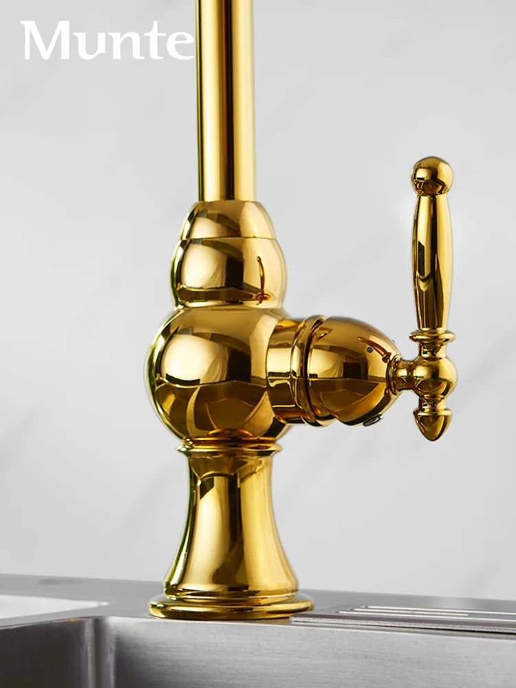 Montessori style kitchen faucet, hot and cold wash basin sink, brass rotating titanium gold single hole bubbler