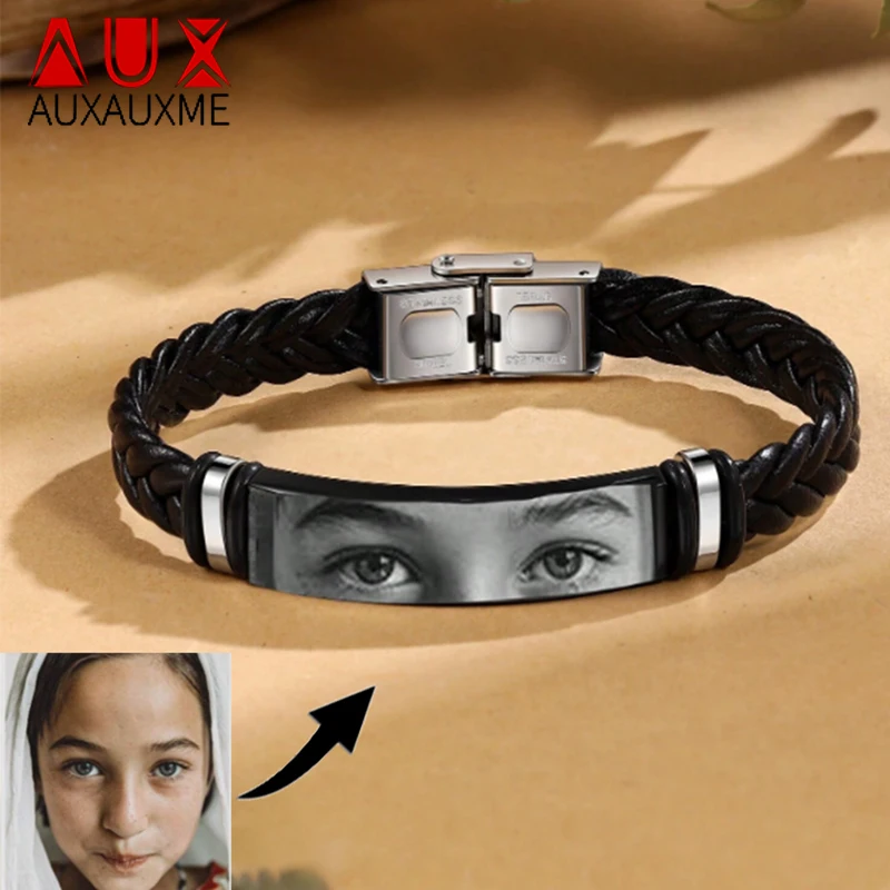 Auxauxme Personalized Eyes Photo Bracelets Women Men Stainless Steel Custom Laser Engraved Text Logo Chain Bracelet Jewelry