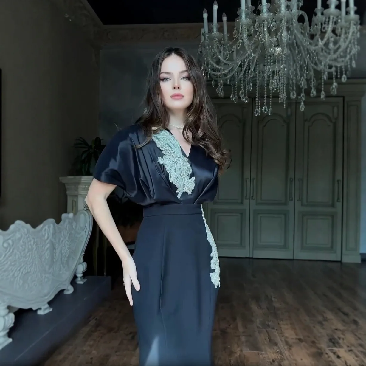 New 2025 Summer Floral 3D Decoration V-Ne ort Sve Dr Ele Loose Waist Cotton Polyester Knitted A-Line Dr