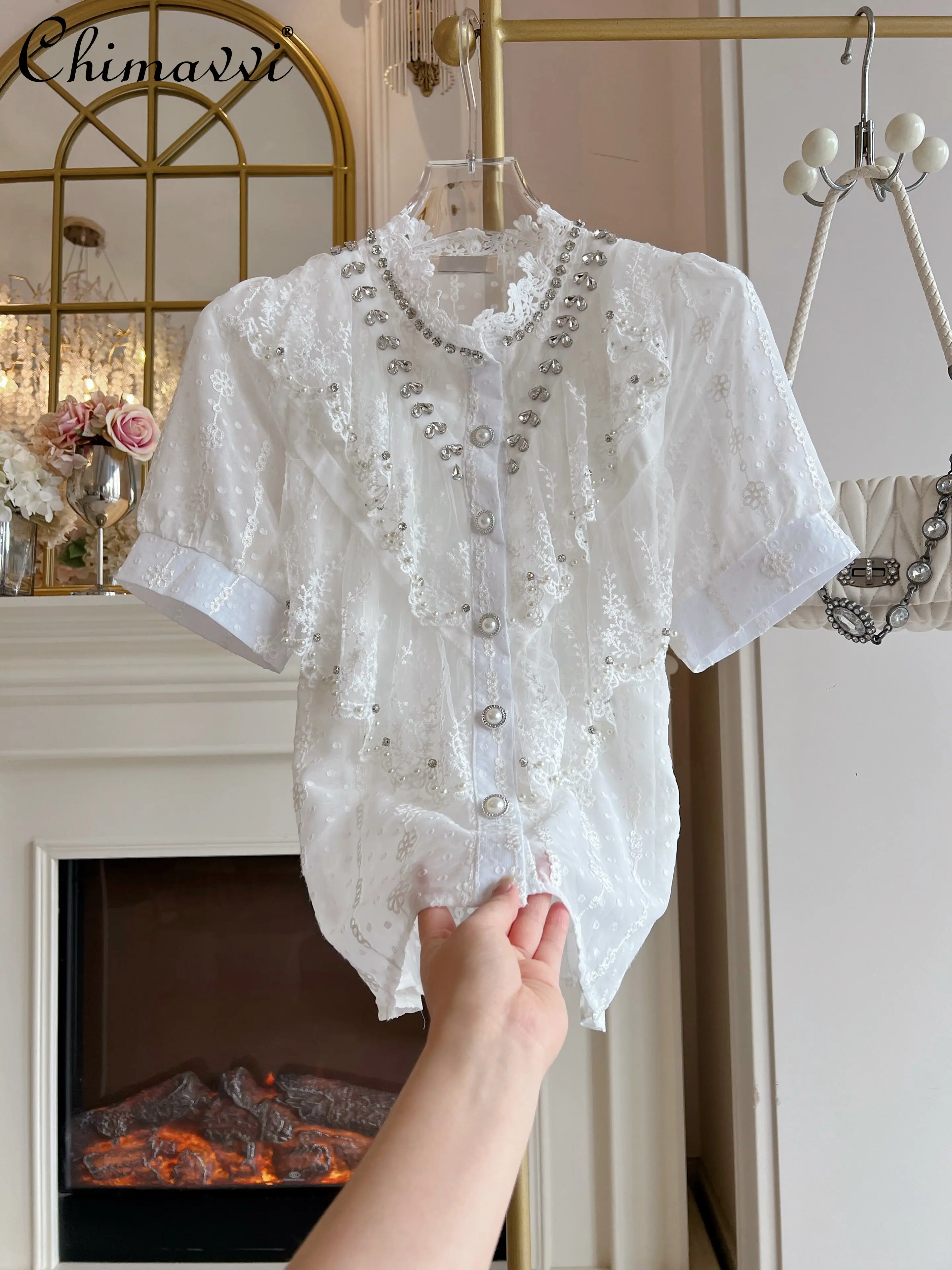 

2026 Summer New Korean Fashion Heavy Rhinestone Chiffon Blouse Top Loose Fit Pullover Short Sleeve Chiffon Shirt for Women