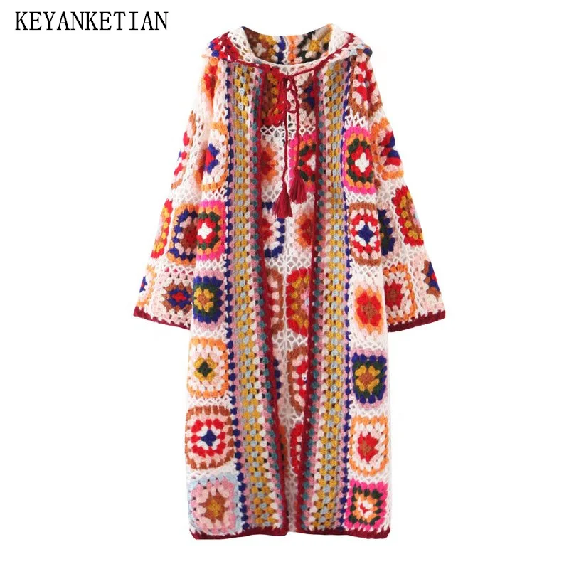 KEYANKETIAN Autumn/Winter New Thick Line Hollowed-Out Hook Plaid Knit Cardigan Women Bohemian Long Hooded Handmade Sweater