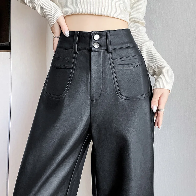 

Faux Leather Pants Women Autumn Winter PU Pants High Waist Two Button Wide Leg Fashion Pants Black Straight Leg Pants Coffee