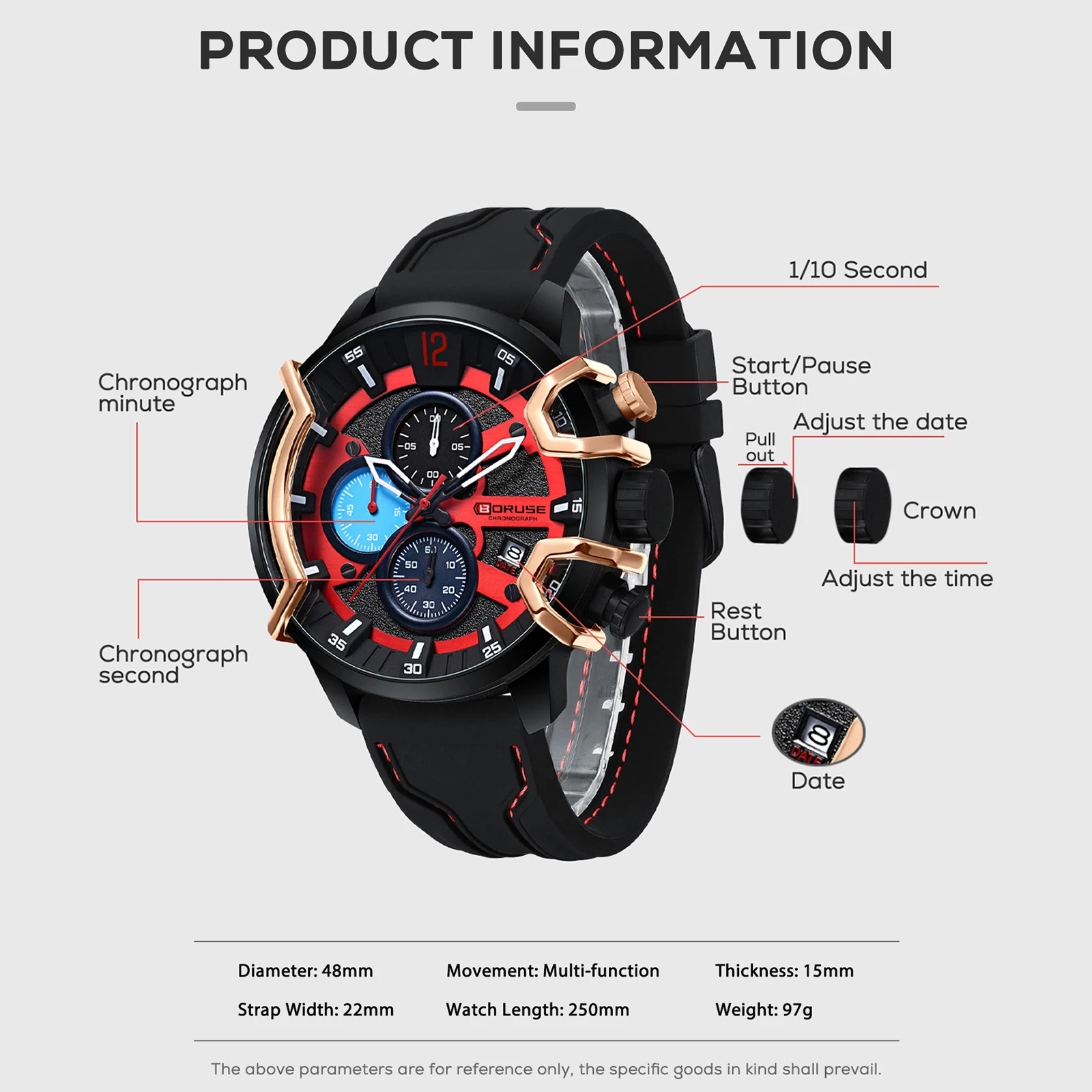 BORUSE Red Watch for Men Fashion Luxury Chronograph Quartz Wristwatch with Silicone Band Date Waterproof Watch