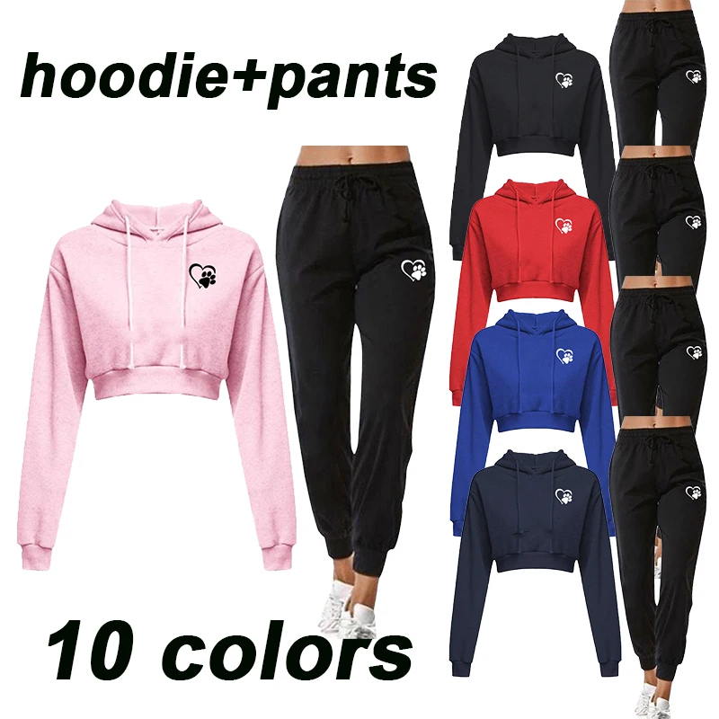 Women's short open navel printed hoodie+sports pants two-piece set of fashionable cat claw printed hoodie and sports pants