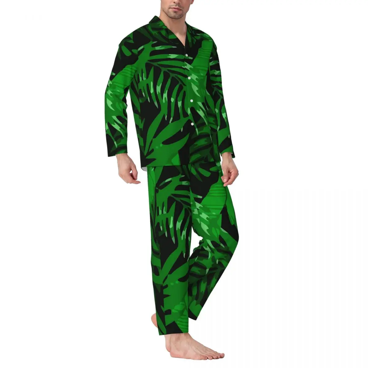 Tropical Plant Pajamas Male Leaves Print Romantic Room Sleepwear Autumn Two Piece Aesthetic Oversized Design Pajamas Set