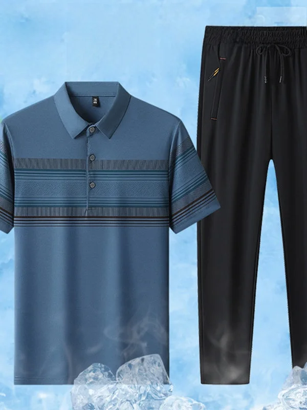 

Summer Ice Silk ort Sve T-irt Set Casual Leisure Two-Piece Suit for Middle-Aged Men Polyester Fiber Long Pants