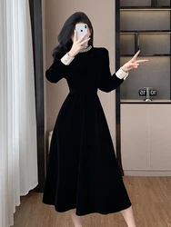 High Quality Fall Winter French Hepburn Velvet Evening Midi Dress Fashion Women Diamond Collar Black A Line Office Party Dress