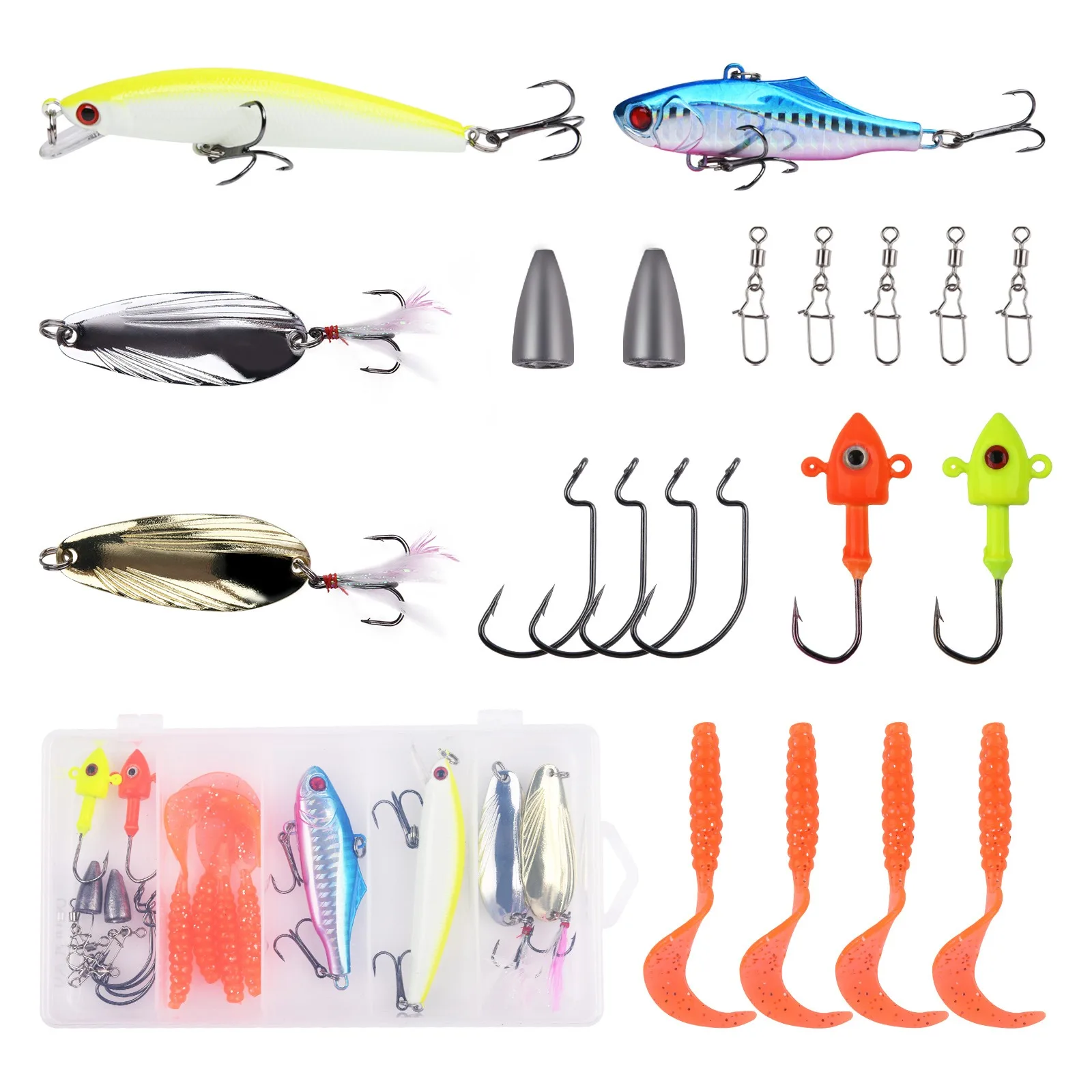 

Fishing Lure Kit with Minnow VIB Spoon Soft Bait Jig Hooks Swivels for Bass Trout Pike Freshwater Saltwater Tackle Box