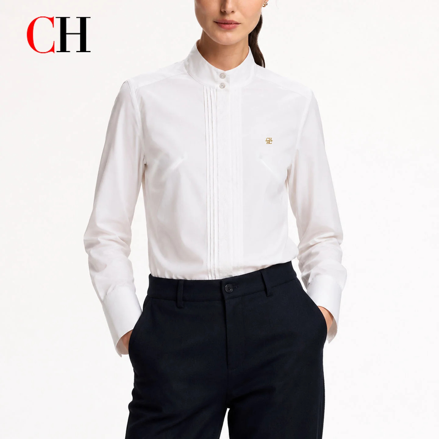 CH Women's White Stand Collar Shirt Long Sleeve Pleated Front Slim Fit Office Blouse Elegant Business Workwear Top