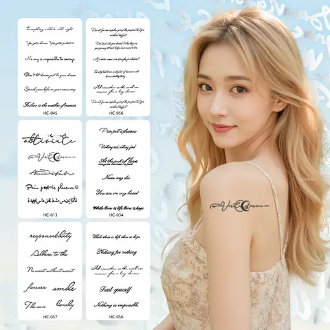 영어 편지 허브 주스 문신 스티커 여성을위한 방수 오래 지속되는 팔 쇄골 팔 패션 반영구적 인 가짜 문신