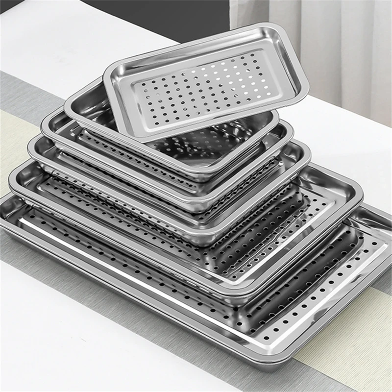 

Stainless Steel Tea Cup Tray Rectangle Hollow Barbecue Filter Oil Plate Fruit Food Drain Dish Home Teahouse Storage Pan