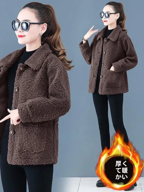 Thickened Lamb Velvet Jacket Women's Mid-aged And Elderly Particle Velvet Slimming Versatile Winter Outerwear Korean Style