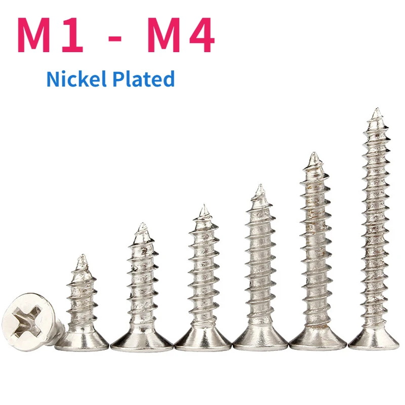 M1 M1.2 M1.4 M1.5 M1.7 M2 M2.3 M2.6 M3 M3.5 M4 100/PCS Nickel-Plated Steel Phillips Recessed Countersunk Head Tapping Screws