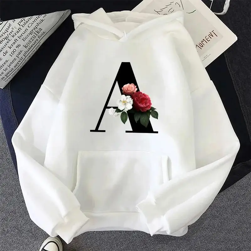 Letter A-Z Printed Womens Hoodies Casual Sweatshirts Sportswear Outdoors Sports Jogging Woman Clothing White Fashion Street Tops