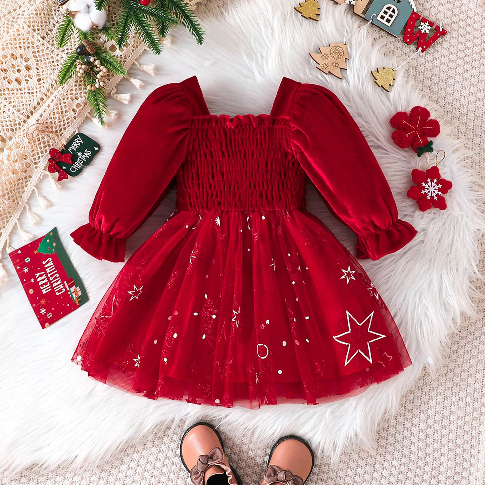 Winter Fashion Girls Dress Long Sleeve O Neck Sparkly Sequins Mesh Red Cute Girls Princess Golden Star Pattern Puff Sleeve Dress