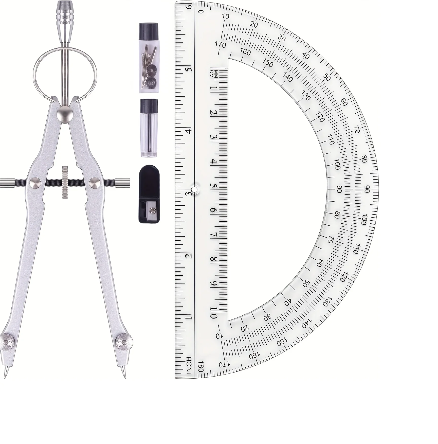 Compass and Protractor Set, Professional Drawing Compass Tool, Metal Compass with Extra Refills, Compass for Geometry
