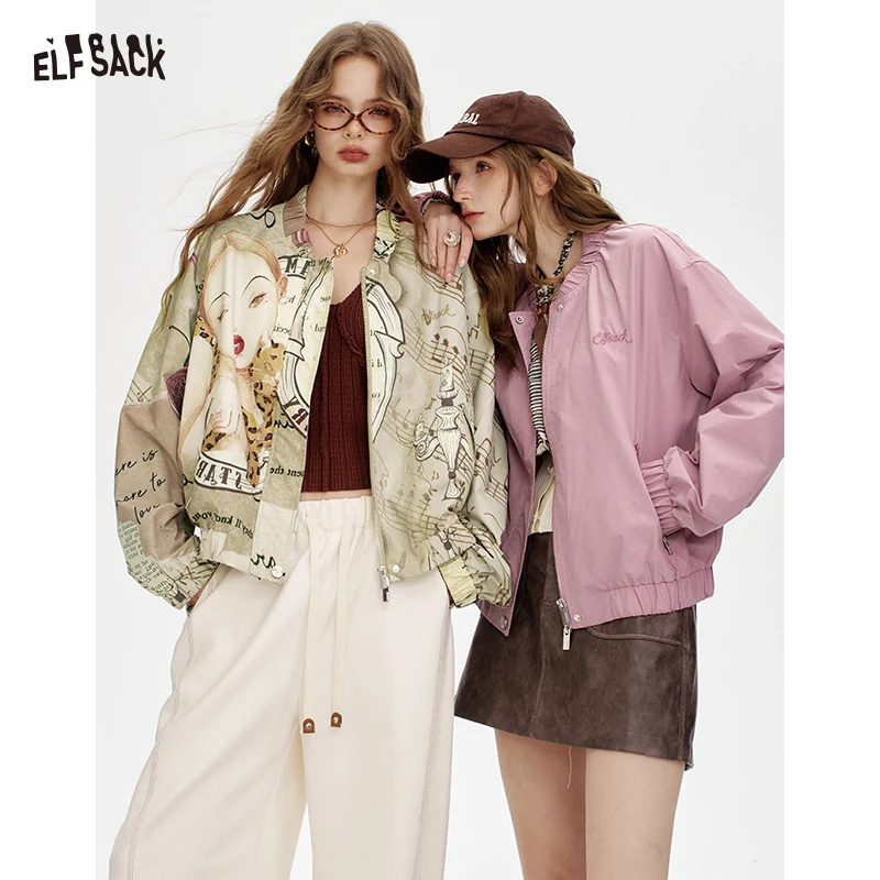 ELFSACK Y2K Minimalist Solid Music Note Bow Graphic Zip Baseball Short Jacket For Women