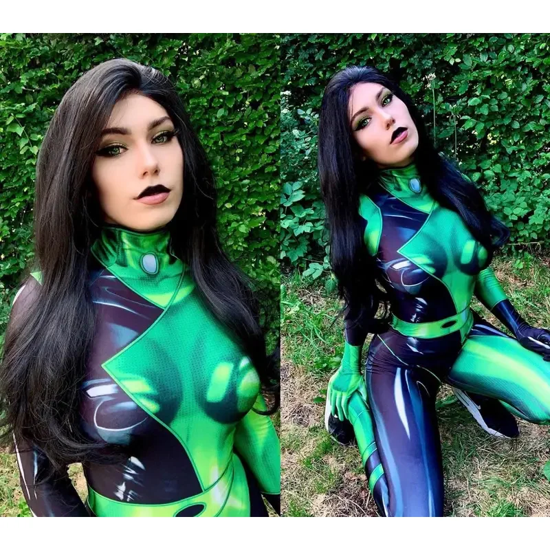 أزياء الهالوين سوبر الشرير Shego للبالغين والأطفال بدلة Zentai التأثيرية بدلة قفز للسيدات والفتيات
