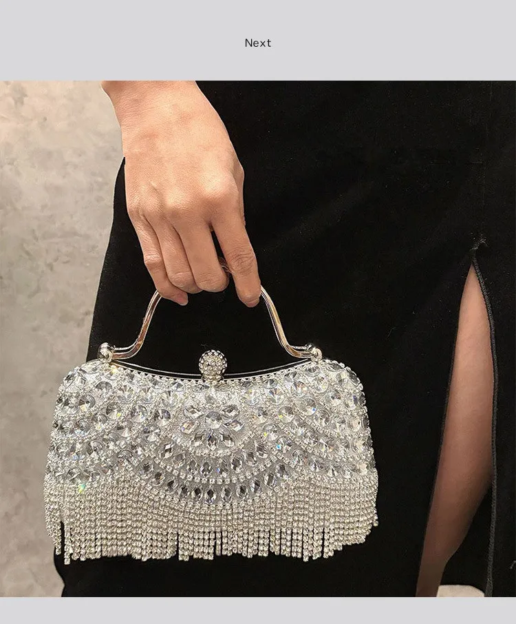 Metallische Strass-Diamant-Abendclutch mit Goldener Quaste, Luxuriöse Braut-Hochzeits-Party-Handtasche für Damen, Formelle Bankett- und Abschlussball-Tasche – Detail 18