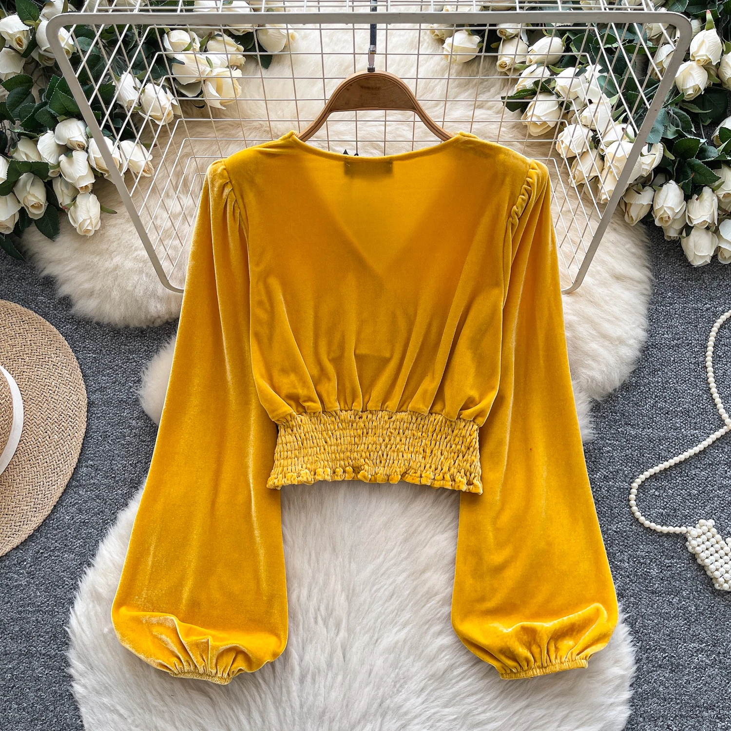 섹시한 긴 소매 랜턴 슬리브 벨루어 슬림 탱크 탑, 시크한 여성 파티 탑, Y2K 하이 스트리트 여성 의류