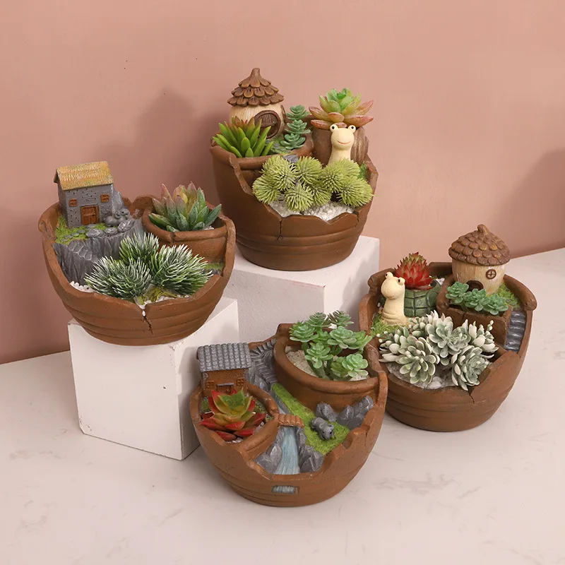 Cartoon Miniature House Flowerpot Resin Balcony FlowerPot Desktop Potted Holder Home Garden Decoration Plants Holder Flower Pots