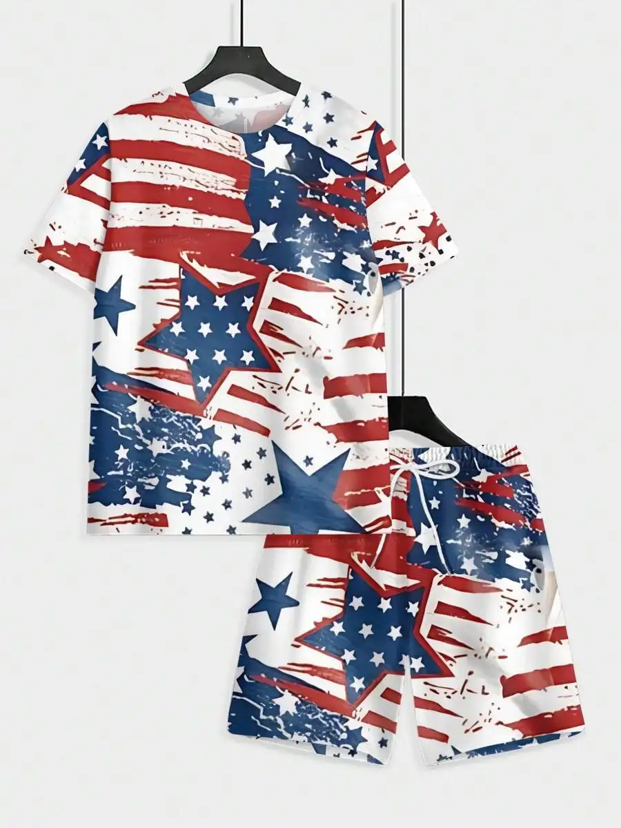 

Mens Distressed American Flag Print T-Shirt And Shorts Set Polyester Casual Summer Outfit