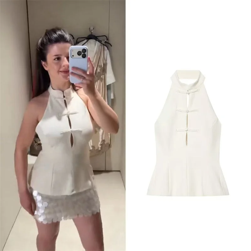 Fashion Women's Round Neck Sleeveless Chinese Knot Buckle With Neck Collar Design Sense Niche Loose Pull over Zipper Shirt New