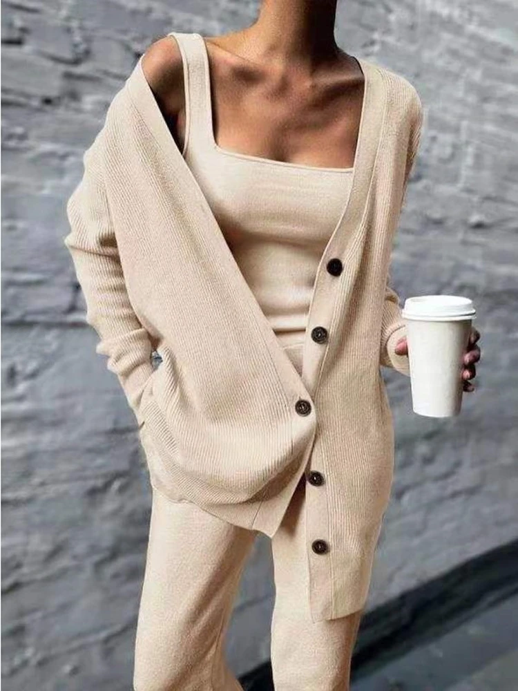 

2024 Autumn Solid Rib Knitted 3 Piece Sets Women Elegant Strapless Top And Pants Suit Single Breasted Long Cardigan Outfits