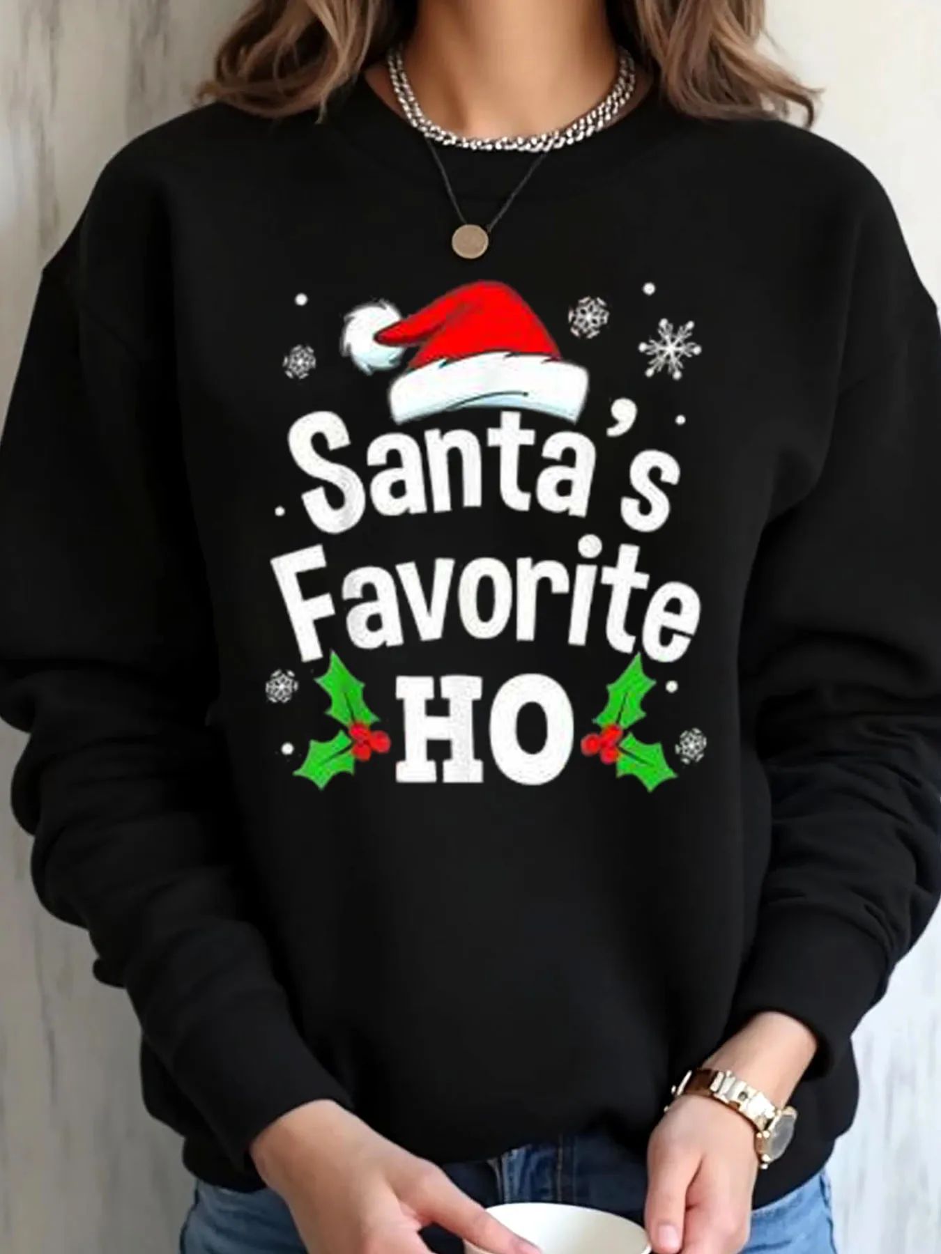 

Женская толстовка большого размера, рождественская шляпа Санты и уличная одежда с принтом Холли