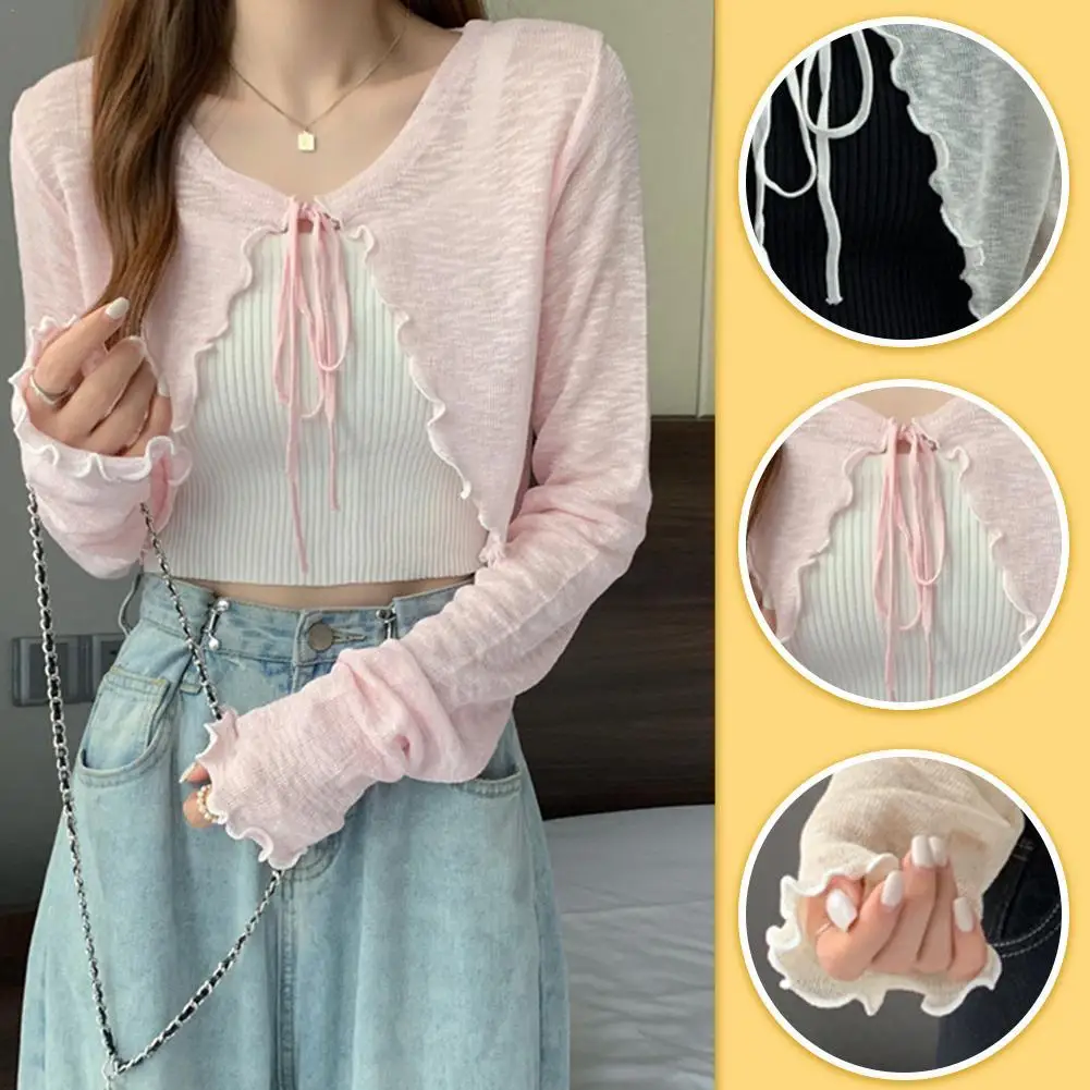 

Thin Sunscreen Cardigan Lace-up Knitwear Tops Women Summer Female Korean Style Lantern Sleeve Short Coat Casual Sun Protected