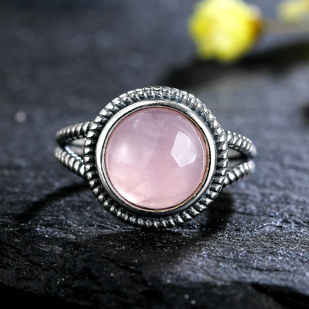 S925 Sterling Silverring Voor Vrouwen Ovale Ronde Natuurlijke Rozenkwarts Ring Gift Zonvormige Retro Luxe Fijne Sieraden