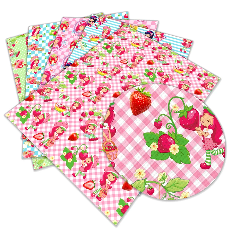 Strawberry Girl W Design Pattern PU Faux Leather Vinyl Fabric Hair Bow Wristband Badge Phone Case Wallet Handmade Gift