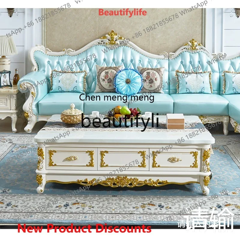 

cn8350 ss European marble solid wood coffee table TV cabinet combination simple modern living room carved square tea table set