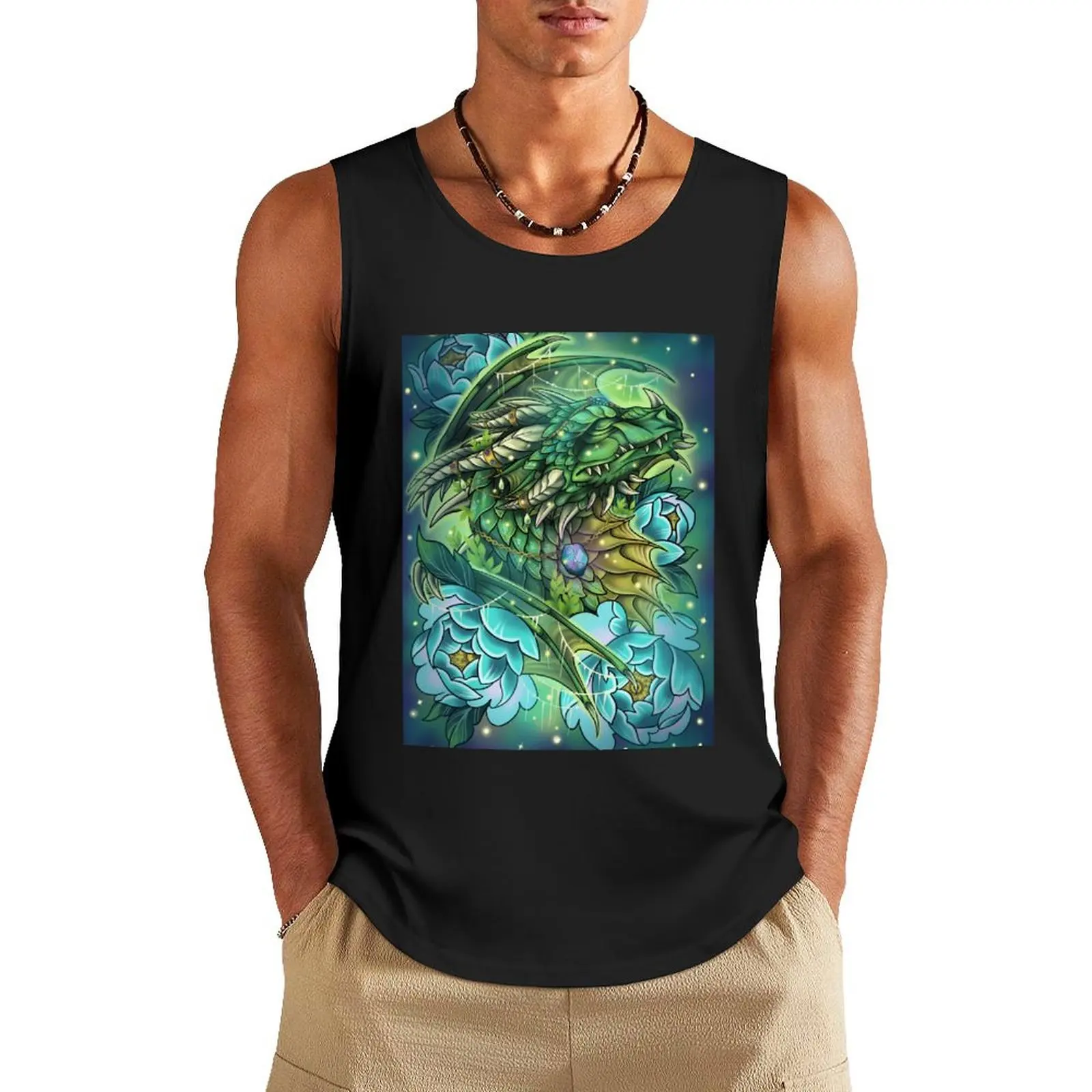 Green Dragonflight Dreamer Dragon with background Tank Top t shirt gym Men's sleeveless man vest