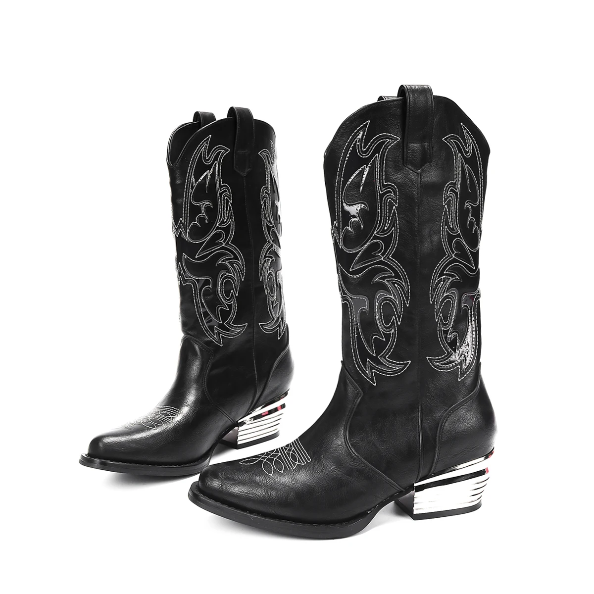 Heren en dames Middeleeuwse retro cowboy geborduurde lovertjeslaarzen Dikke hak Mid-tube laarzen Halloween Party Cosplay Ridderlaars