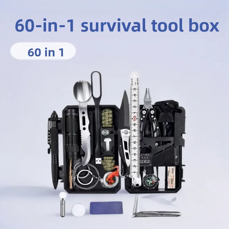 Outdoor Survival Equipment Tool Box 60 in 1 Camping First Aid SOS Emergency Kit, Camping Portable
