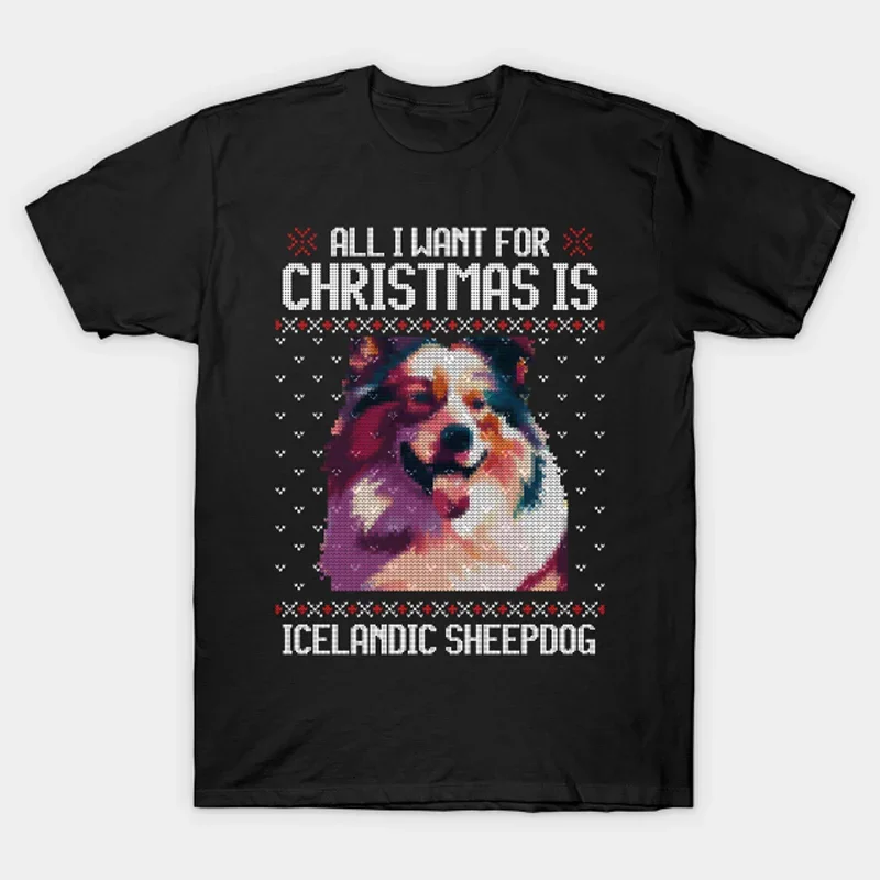 Neon Icelandic Sheepdog Ugly Christmas Sweater. Novelty Dog Lovers Gift T-shirt 100% Cotton O-neck Short Sleeve Casual T-shirt