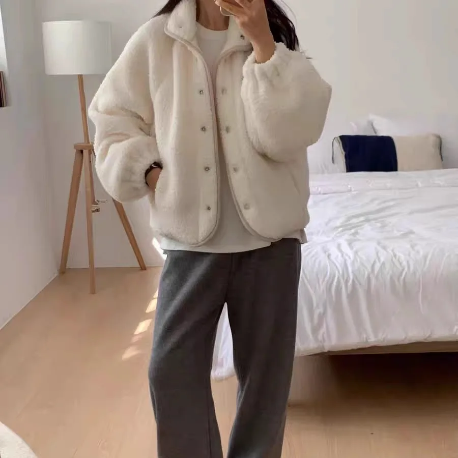 Chaqueta de piel de cordero holgada para mujer, Color puro, cuello levantado, un solo botón, algodón enriquecido, novedad de invierno, abrigo coreano Sle