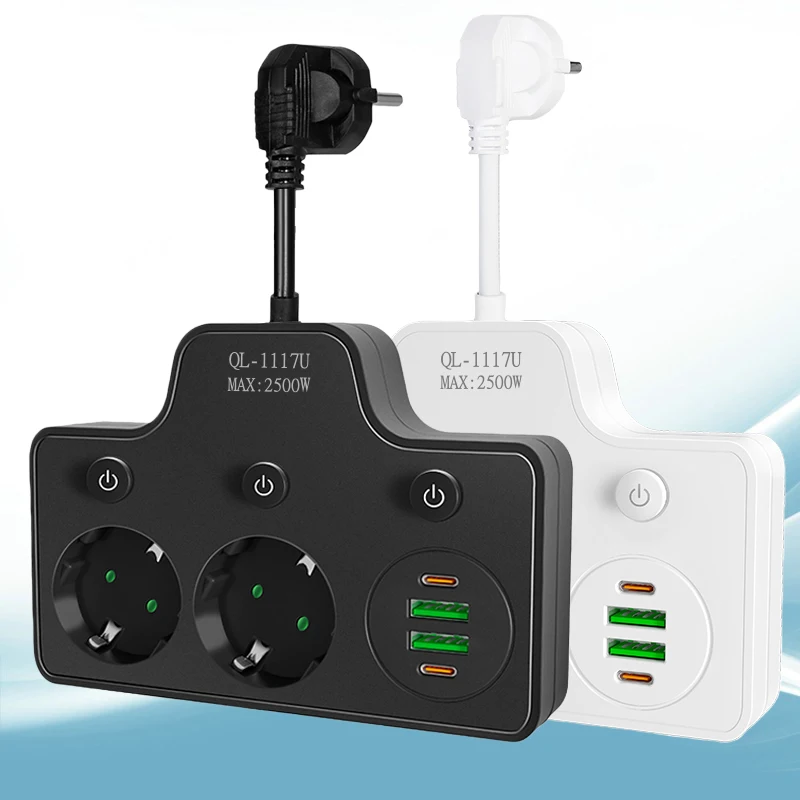 Netcosy White QL-1117U 6~8cm Cable EU Plug Wall Charger Extension Multi Outlet Plug 2*USB 2*USB-C Independent Power Switch