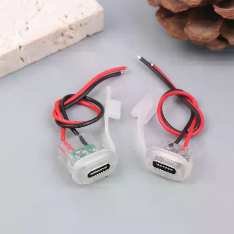 3/6Pcs 2Pin USB Type-C Input Type Charging Socket Waterproof Female Jack Connector With Night Light DIY Charging Port 3A 5V