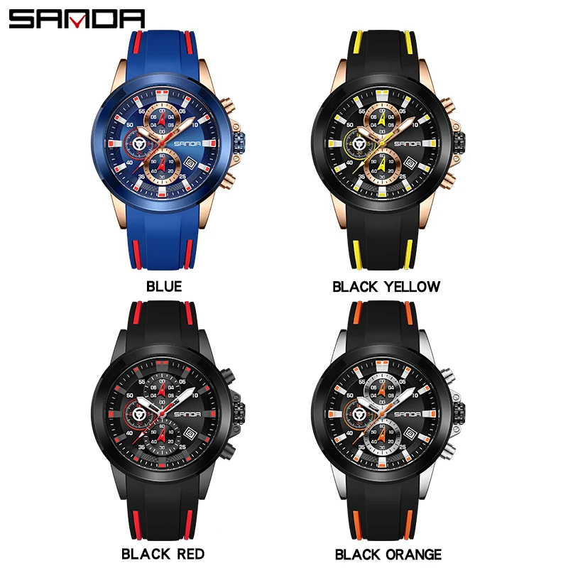 SANDA Sport Analog Quartz Watch for Men Fashion Waterproof Chronograph Wristwatch with Blue Silicone Strap Auto Date Luminous