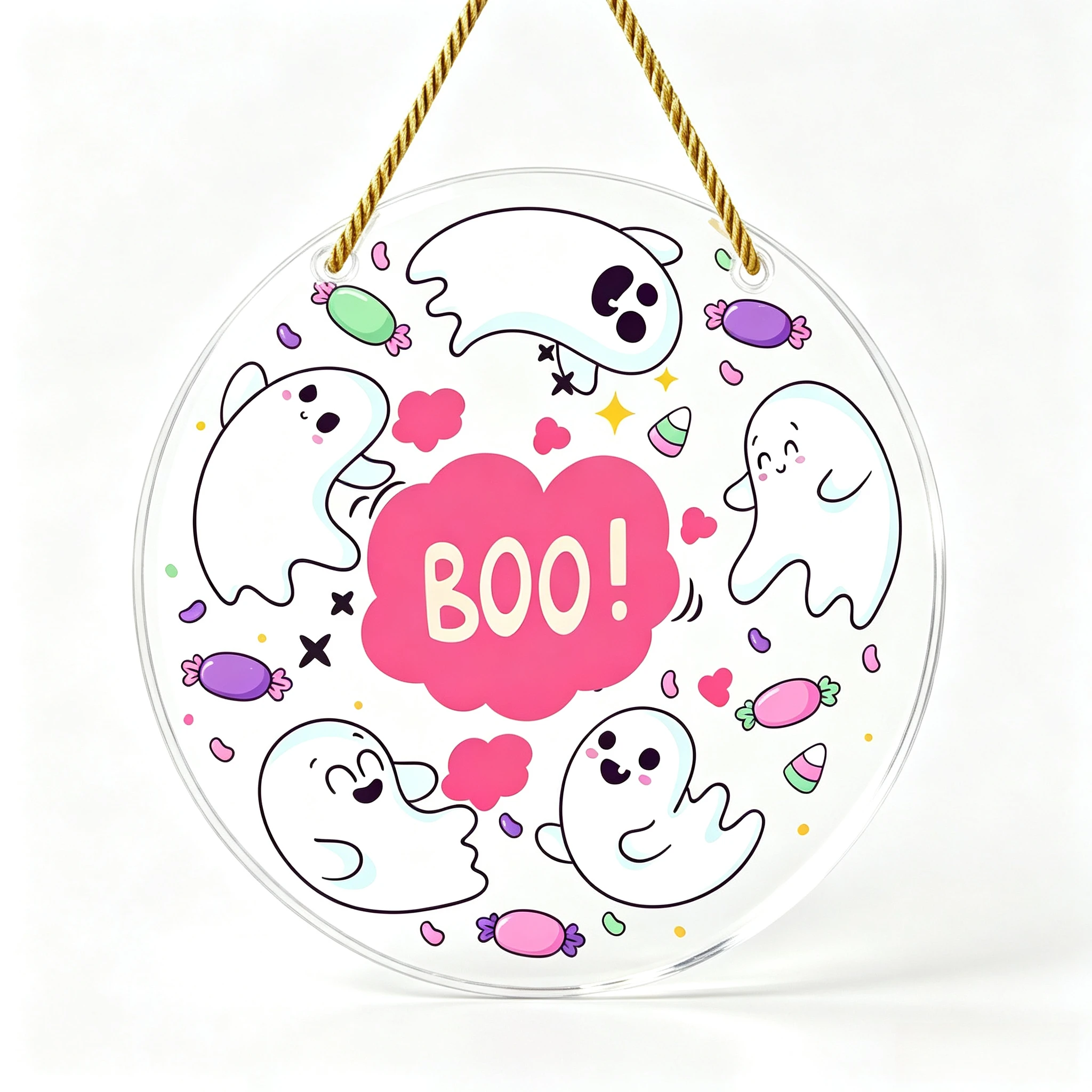 Kawaii Ghost Wreath Circular Door Hanger, Sweet Candy Spooky‑Season Porch Plaque,Cheerful Halloween Party Gift