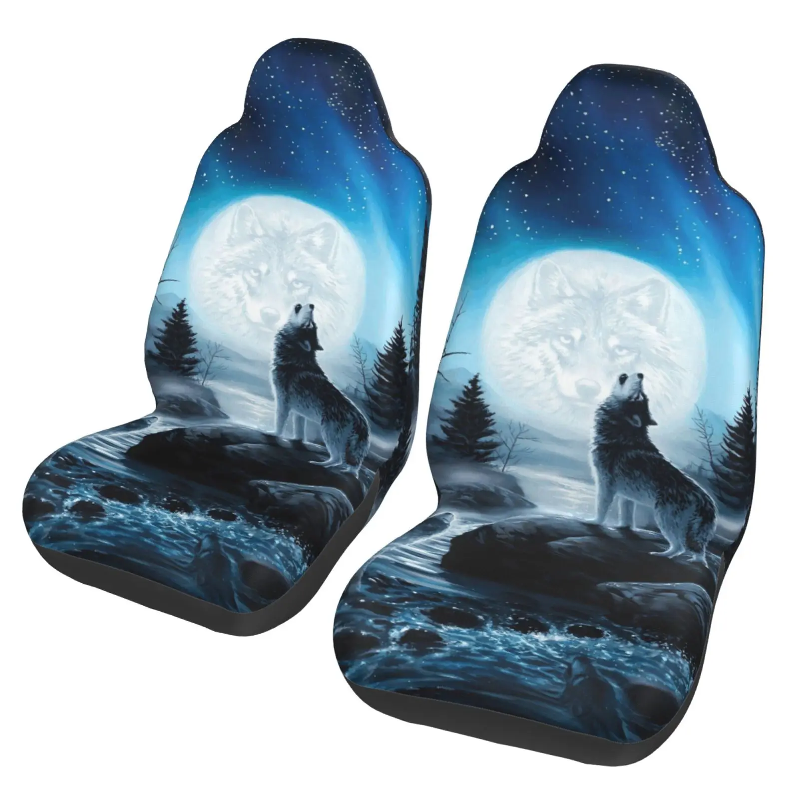 Animal Wolf and Moon Print Car Seat Cover 2 Pieces Universal Front Seat Accessories Set Seat Protector
