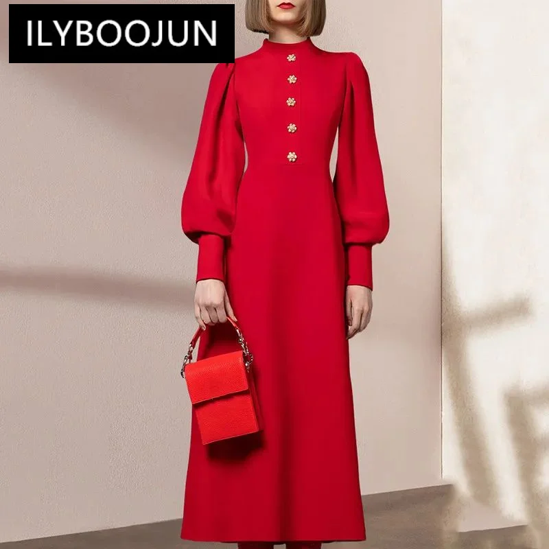 

ILYBOOJUN Fashion Designer Red Vintage Party Dress Women Stand Collar Long Sleeve Button High Waist Slim A-LINE Long Dress