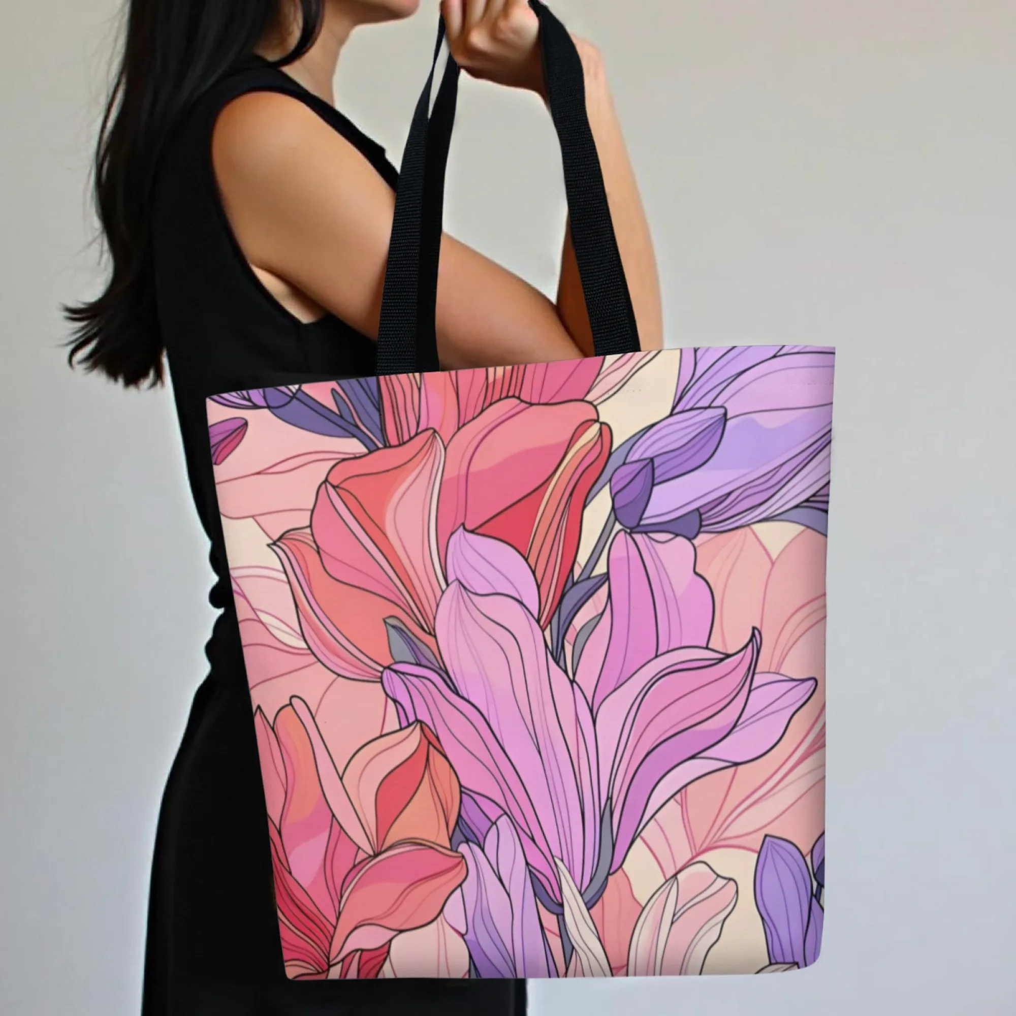 Gentle and Soothing Gradient Purple-pink Floral Print Canvas Tote Bag for Women Artistic Style for Daily Study Work Shoulder Bag