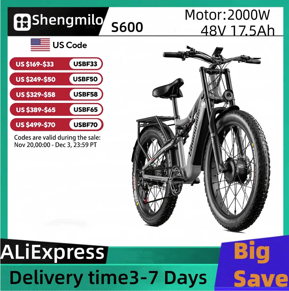 

Shengmilo S600 Adult 2000W Motor Electric Bicycle Men's E-Mountain bike , 48V 840WH Battery,26" Fat Tire Electric Bike