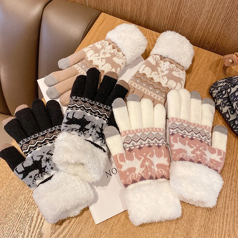 Christmas Reindeer Knitted Gloves Plush Cuff Thick Warm Gloves Women Autumn Winter Soft Coldproof Full Finger Touchscreen Gloves