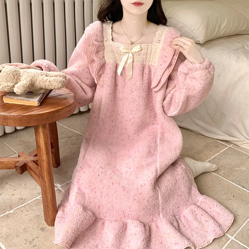 

M-2XL Half Fleece Winter Pajamas Dress Women Princess Style Ruffle Nightgown Thickened Home Dress Can Be Worn Outside Loungewear