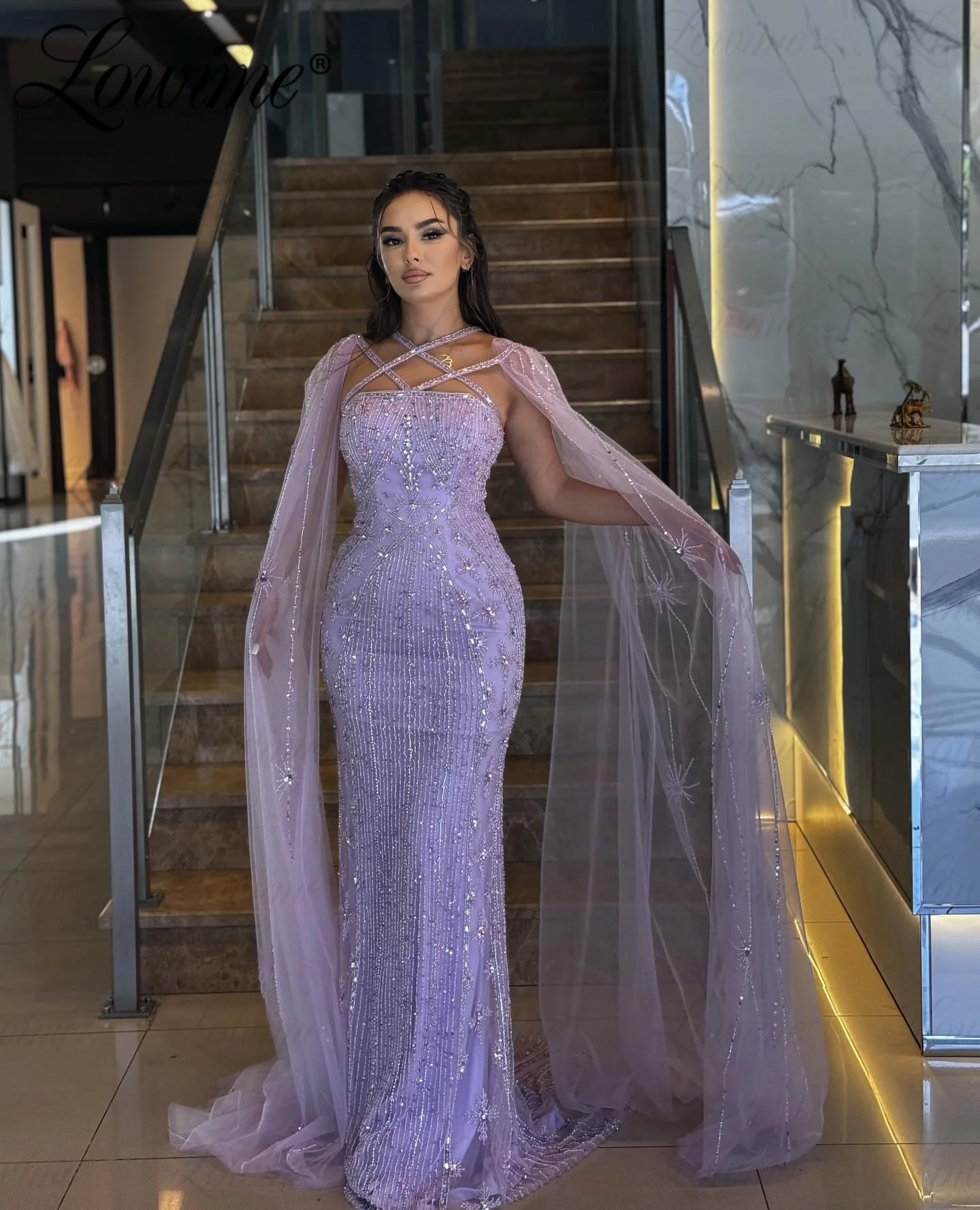 Elegant Arabic Dubai Prom Dresses Pink Purple Mermaid Cape Sleeve Evening Gowns 2024 Beaded Robes De Soiree Crystals Party Dress