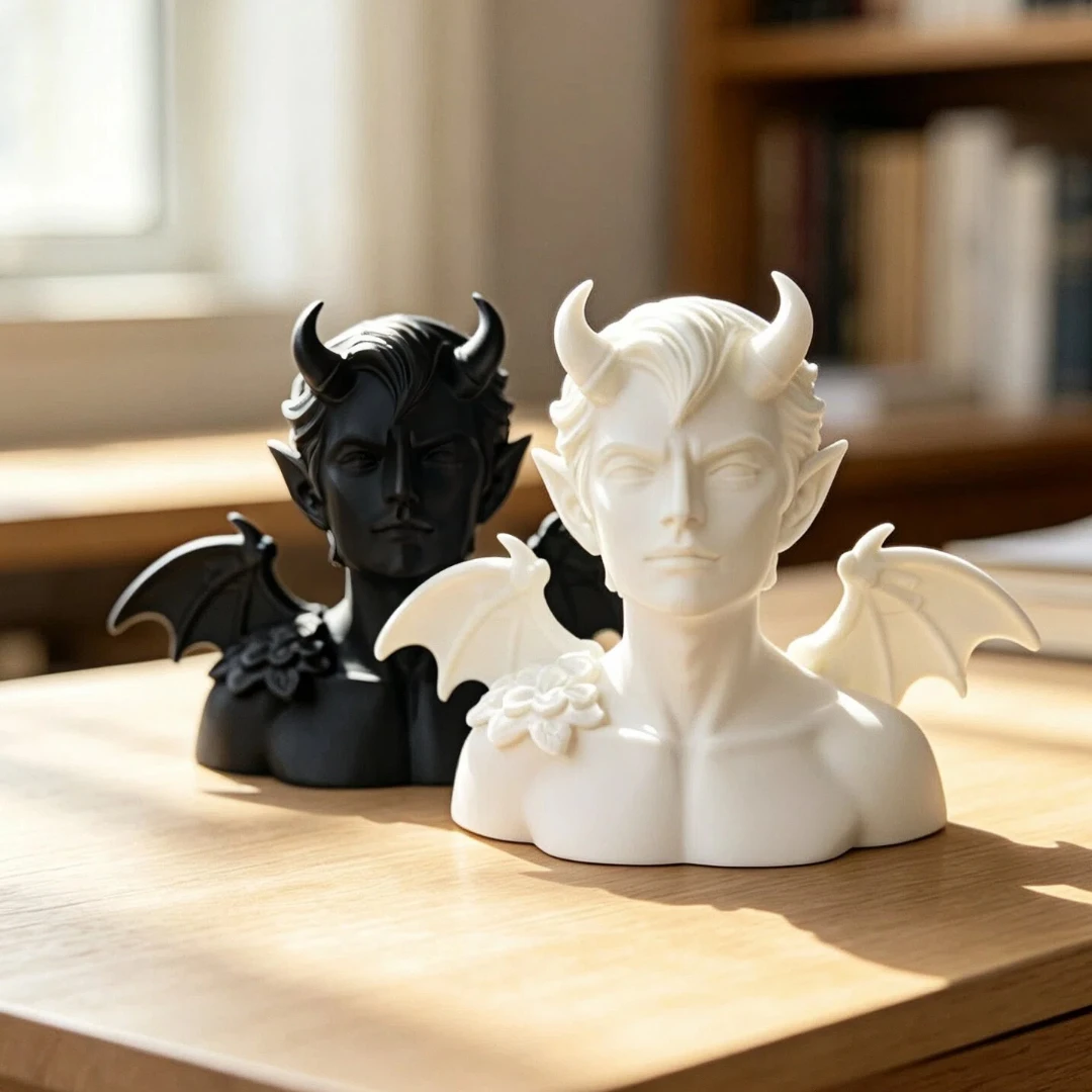 Gothic Demon Bust Halloween Dark Fantasy Sculpture Matte Black White Desktop Decor with Horns And Bat Wings for Office